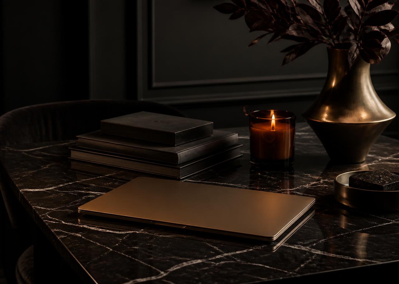 Refined creative studio workspace with laptop, candle, and design books